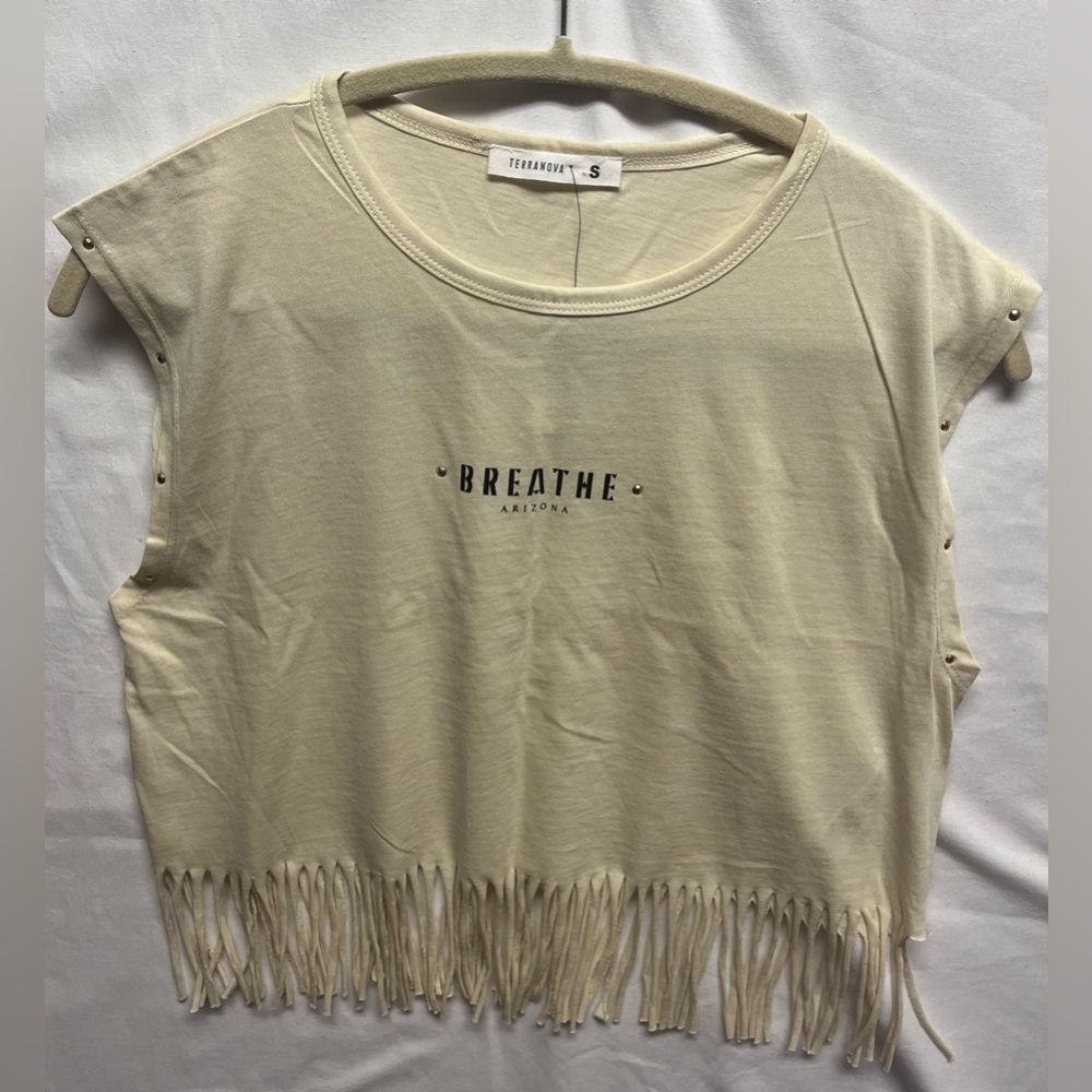Cream Cap Sleeve Crop Tee with Fringe